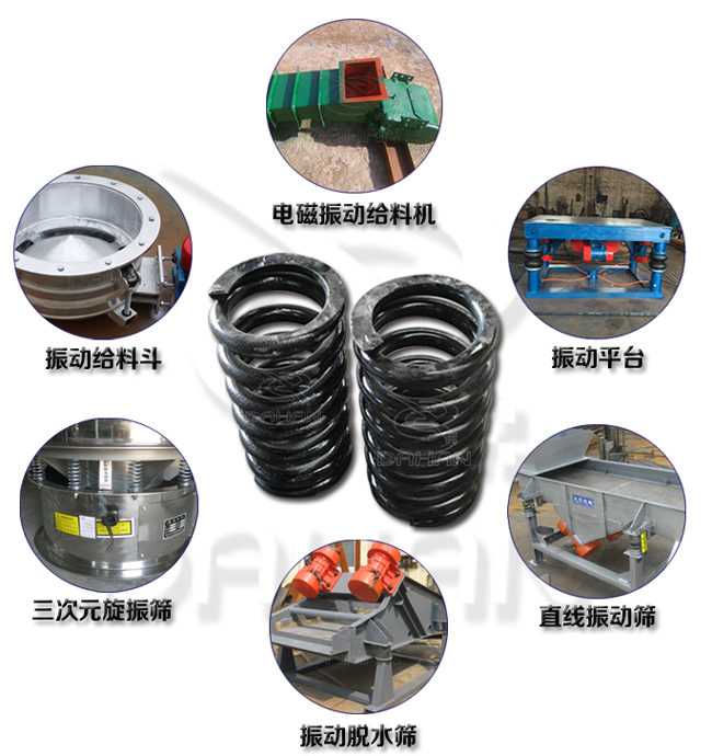 旋振篩減震彈簧適用產(chǎn)品：振動(dòng)給料機(jī)，電磁振動(dòng)給料機(jī)，振動(dòng)平臺(tái)，直線振動(dòng)篩，振動(dòng)脫水篩，三次元旋振篩。