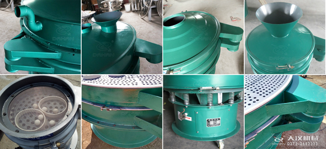 碳鋼振動篩進(jìn)料口，出料口，篩框，篩網(wǎng)，彈跳球等細(xì)節(jié)展示