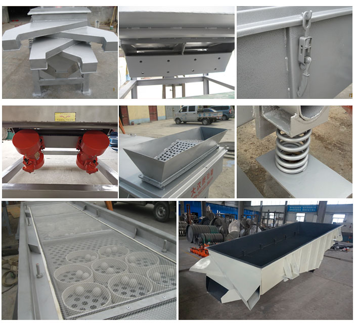 多層直線振動篩由進(jìn)料口,底座,振動電機,篩網(wǎng),篩框,彈簧,出料口等組成。