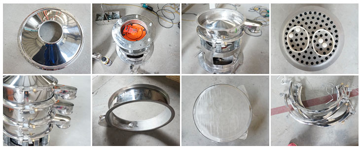 不銹鋼振動篩結(jié)構(gòu)展示：防塵蓋，出料口，閘門，篩網(wǎng)于彈跳球，底座，振動彈簧等。