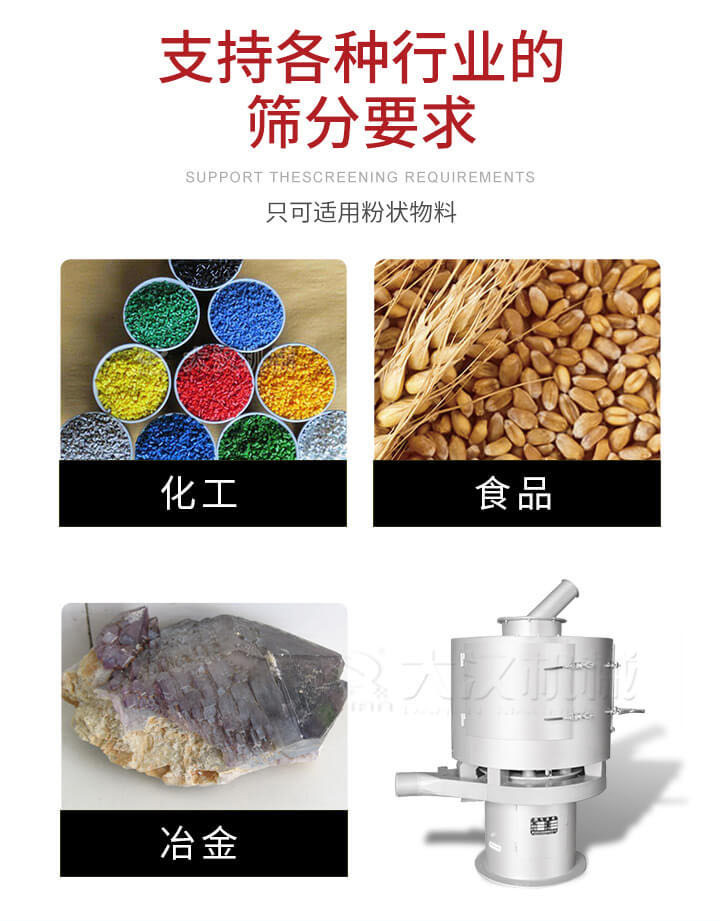 氣流篩用于礦粉，石墨粉，活性納米碳酸鈣，鋁灰，大豆粉，碳酸重鈣，石墨粉，木粉，干草，重金石粉，藥粉末，橡膠顆粒，草酸鹽，干料粉，木粉，聚酯粉，干粉，塑料，金屬粉末，橡膠粉，粉煤灰，石墨粉，陶瓷粉，鋅粉，石英粉，石灰粉，鐵粉，金屬硅粉等。