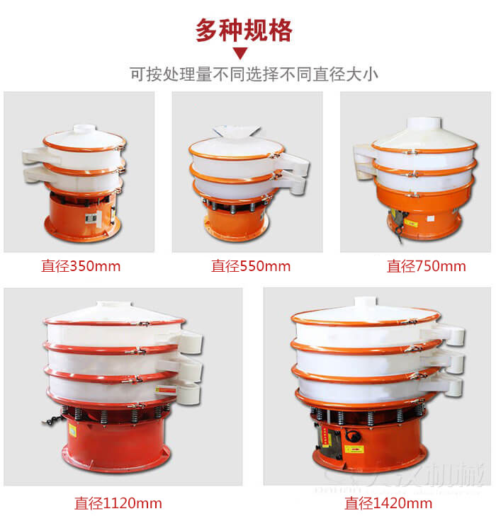 塑料振動(dòng)篩不同篩分直徑進(jìn)行展示：350，550，750，1120，1420等。