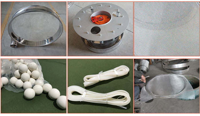 800型全不銹鋼振動篩配件有：振動篩篩框，電機，不銹鋼篩網(wǎng)等。