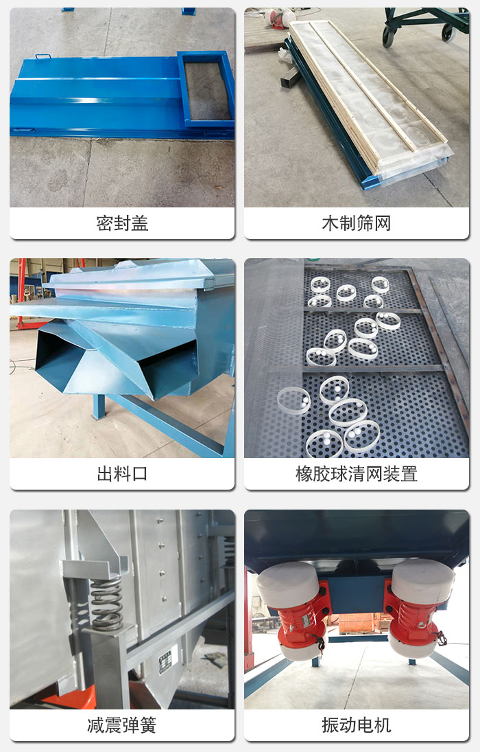 直線篩結(jié)構(gòu)展示：篩網(wǎng)，篩箱，振動(dòng)電機(jī)，振動(dòng)電機(jī)座，減震彈簧，支架等部件展示圖