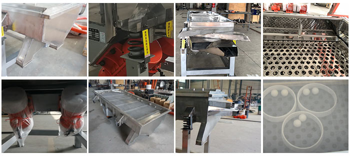 不銹鋼直線篩不同定制出料口，電機(jī)，篩網(wǎng)，篩箱，彈跳球等部件細(xì)節(jié)展示