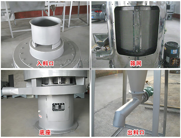 氣流篩部件展示：入料口，篩網(wǎng)，底座，出料口等。