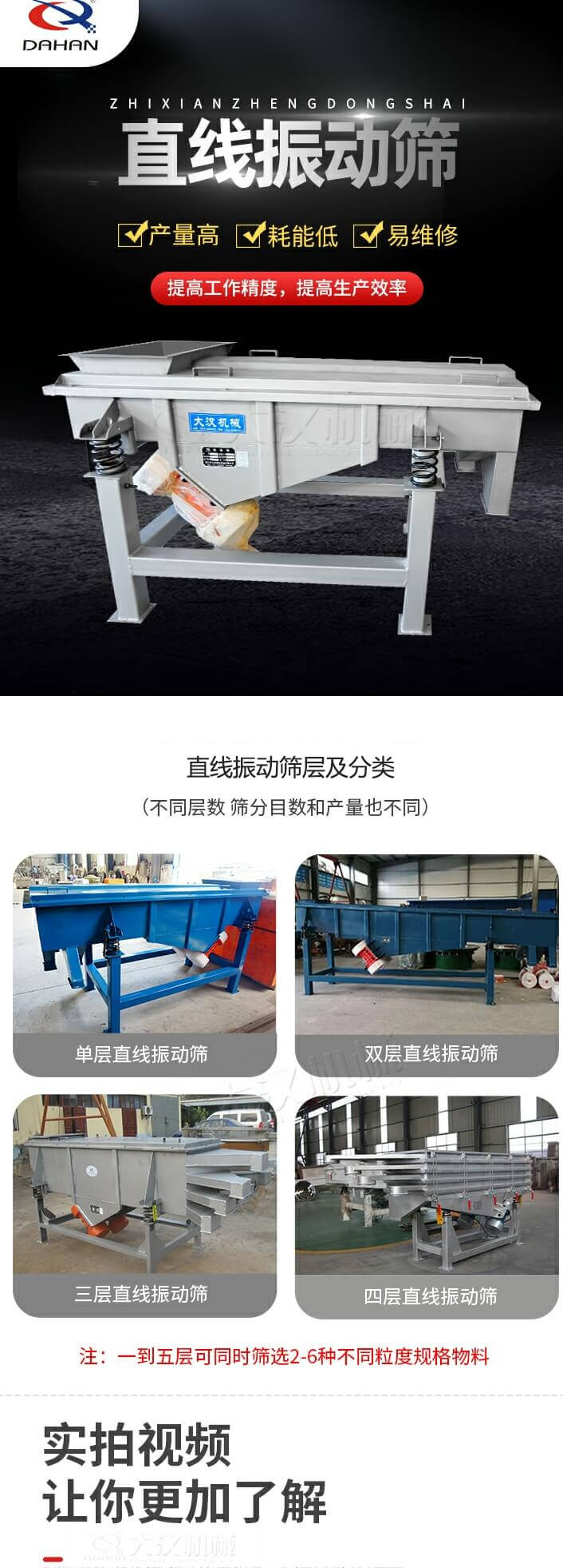 直線振動篩概述，產(chǎn)量高，耗能低，易維修，提高工作精度，提高生產(chǎn)效率，直線振動篩層級分類：不同層數(shù)，篩分目數(shù)和產(chǎn)量也不同：單層，雙層，三層，四層等。