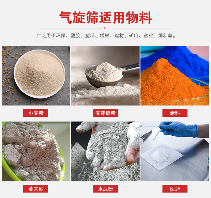 氣旋篩適用物料：小麥粉，麥芽糖粉，涂料，等粉狀物料。