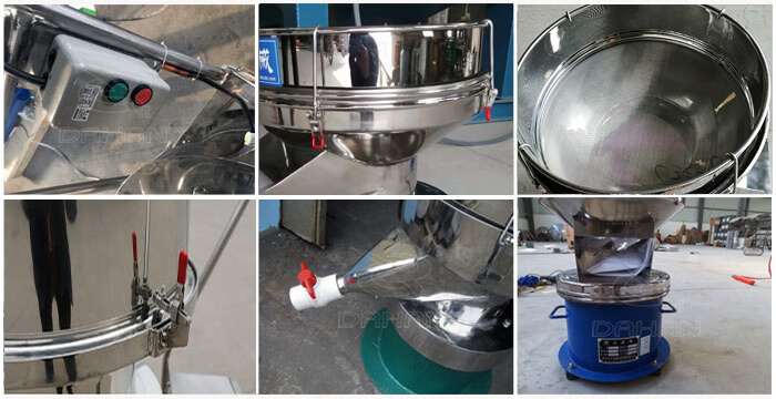 過(guò)濾篩細(xì)節(jié)展示：控制開(kāi)關(guān)，篩框，出料口閥門，底座等