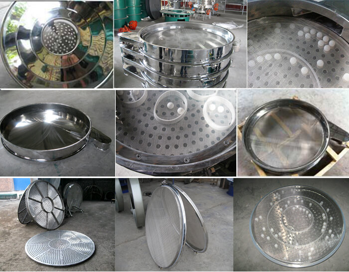 食品振動篩細(xì)節(jié)展示：防塵蓋，篩框，網(wǎng)架，底框等。